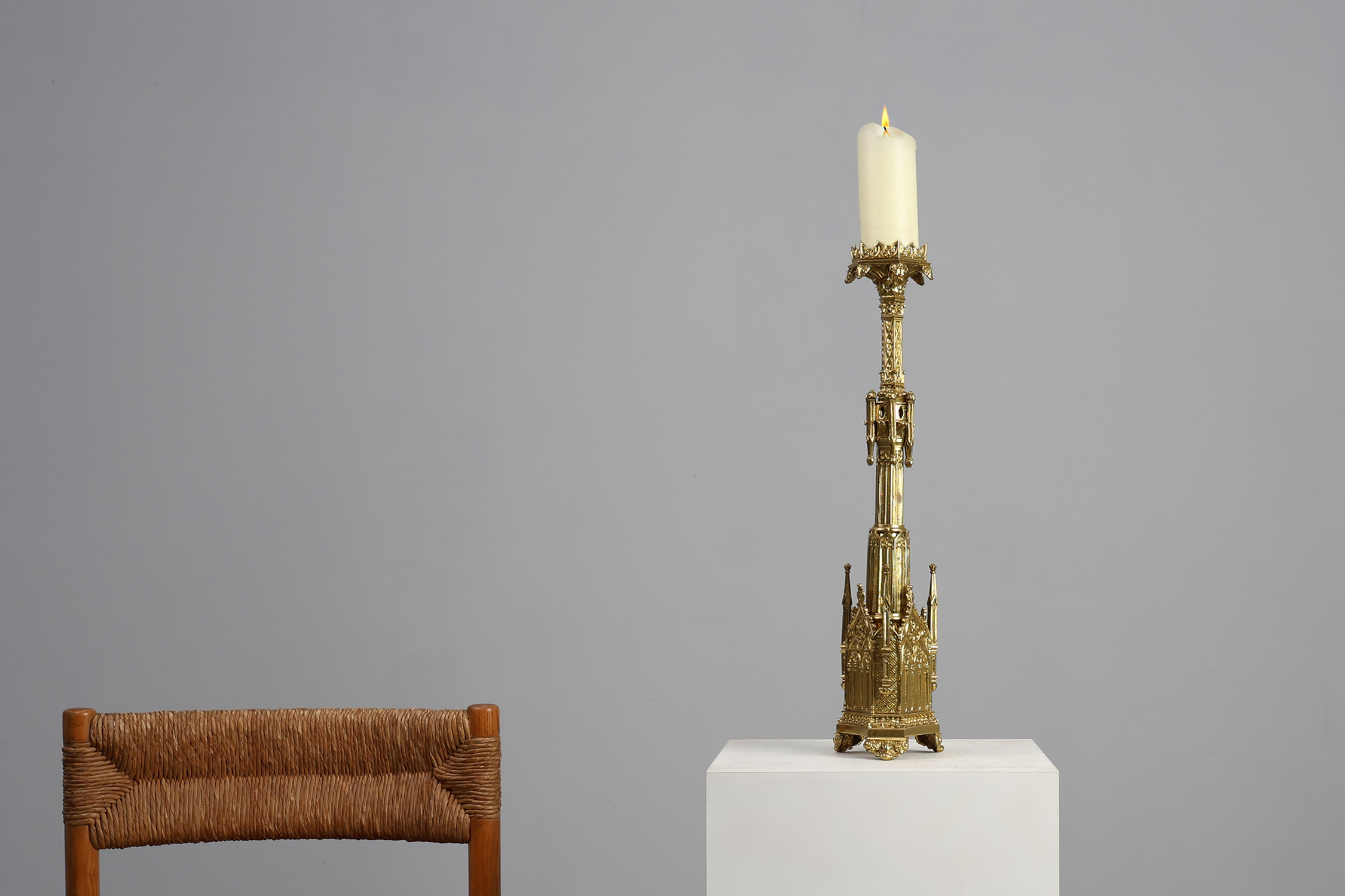 Neo‑Gothic Copper Church Candleholder Stamped “LL A Paris”, France ca. 1880thumbnail